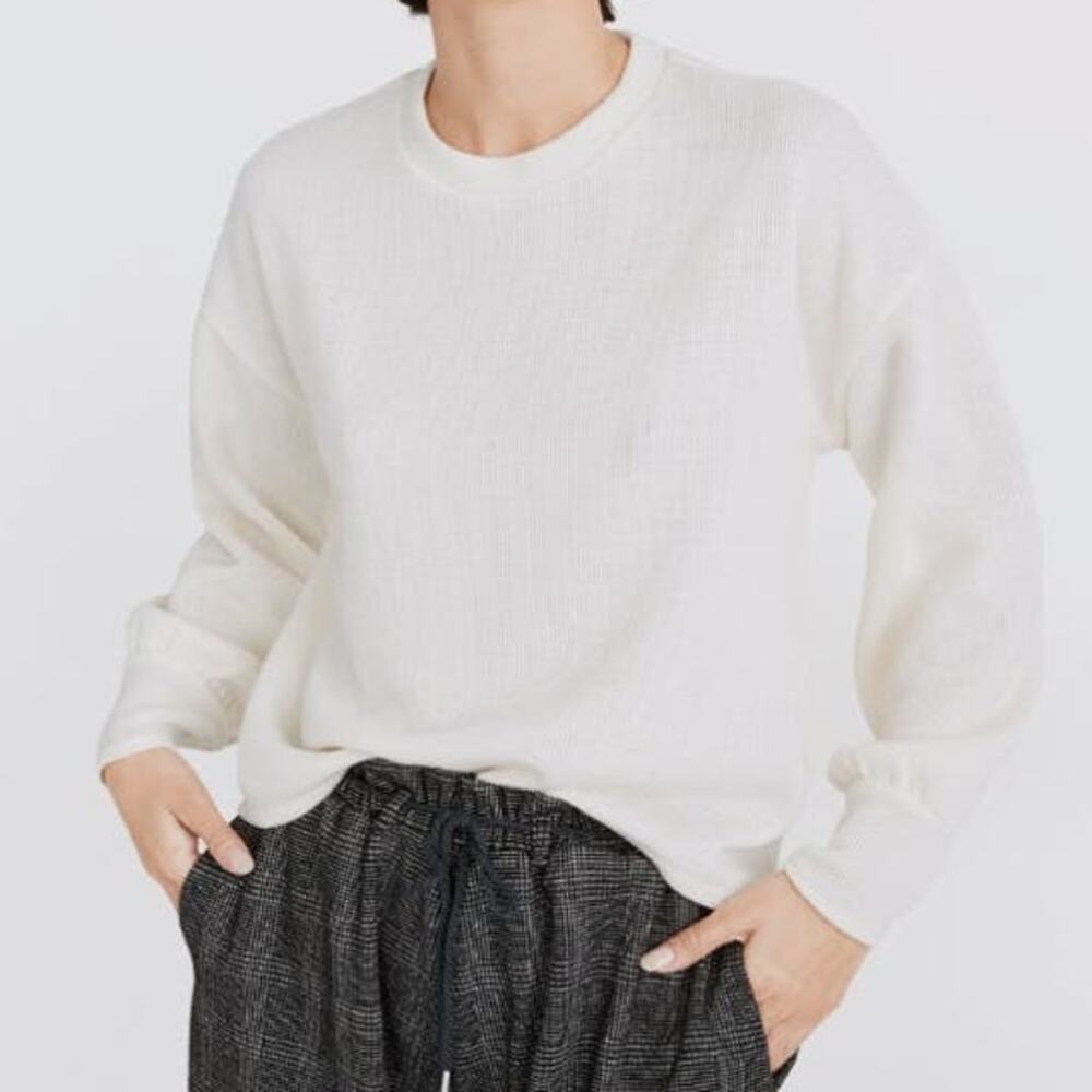 Madewell Brushed Waffle Knit Puff-Sleeve Top Women's Large Cream Boxy Pullover